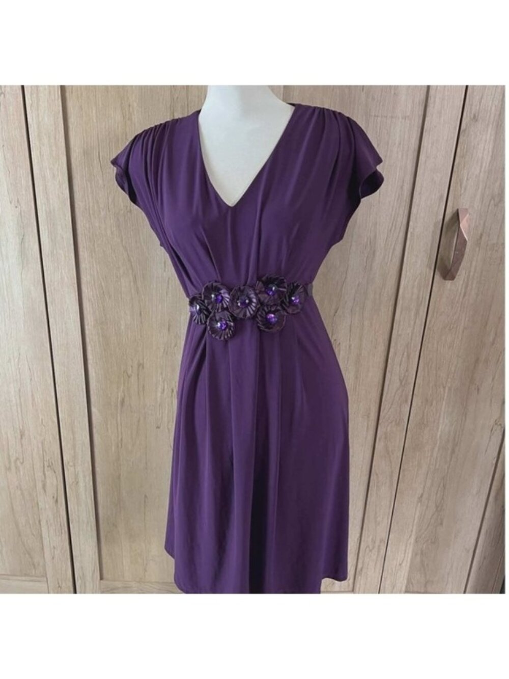 Vintage Bellyssima‎ Purple V-Neck Rosette Waist Cocktail Dress  Long Large